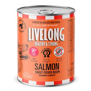 Livelong Healthy & Strong Alimento Natural Húmedo para Perro Todas las Edades Receta Salmón/Camote, 362 g