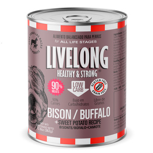 Livelong Healthy & Strong Alimento Natural Húmedo para Perro Todas las Edades Receta Bisonte/Camote, 362 g