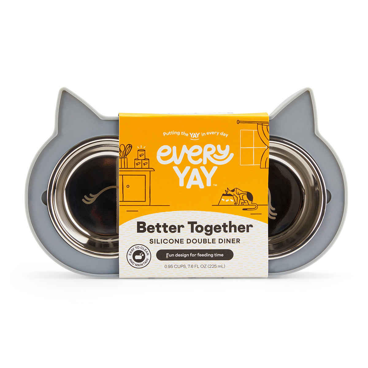 EveryYay Set Base de Silicón Diseño Rostro Felino con Doble Tazón para Gato, 0.9 Tazas