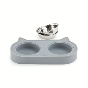 EveryYay Set Base de Silicón Diseño Rostro Felino con Doble Tazón para Gato, 0.9 Tazas