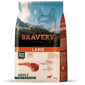 Bravery Alimento Seco Natural Libre de Granos para Perro Adulto Raza Mediana/ Grande Receta Cordero, 4 kg