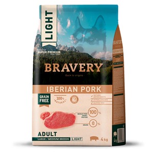 Bravery Light Alimento Seco Natural Libre de Granos para Perro Adulto Raza Mediana/ Grande Receta Ibérico, 4 kg