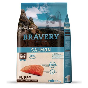 Bravery Alimento Seco Natural Libre de Granos para Cachorro Raza Mediana/ Grande Receta Salmón, 12 kg