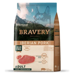 Bravery Alimento Seco Natural Libre de Granos para Perro Adulto Raza Mediana/Grande Receta Cerdo Ibérico, 12 kg