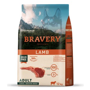 Bravery Alimento Seco Natural Libre de Granos para Perro Adulto Raza Mediana/ Grande Receta Cordero, 12 kg