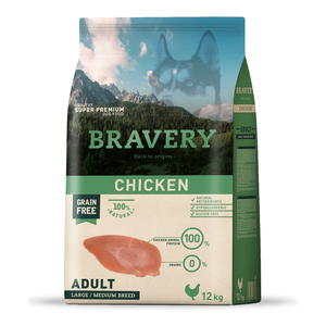 Bravery Alimento Seco Natural Libre de Granos para Perro Adulto Raza Mediana/ Grande Receta Pollo, 12 kg