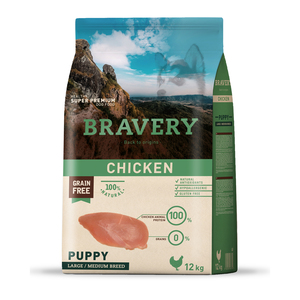 Bravery Alimento Seco Natural Libre de Granos para Cachorro Raza Mediana/ Grande Receta Pollo, 12 kg
