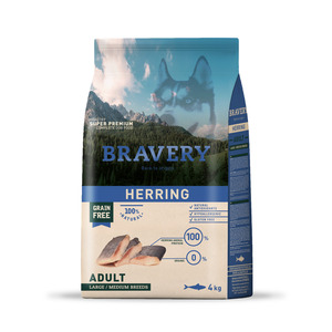 Bravery Alimento Natural Libre de granos para Perro Adulto Raza Mediana/ grande Receta de Arenque, 4 kg